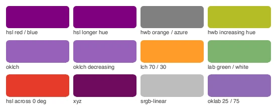 Before: twelve color-mix() swatches across colour spaces and hue directions
