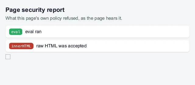 Before: a page that requires Trusted Types: raw HTML and code from text are refused