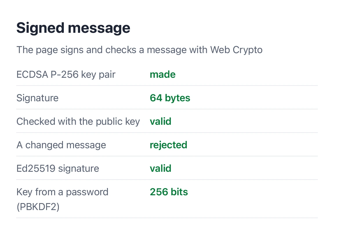 After: a page signing a message and checking it with Web Crypto