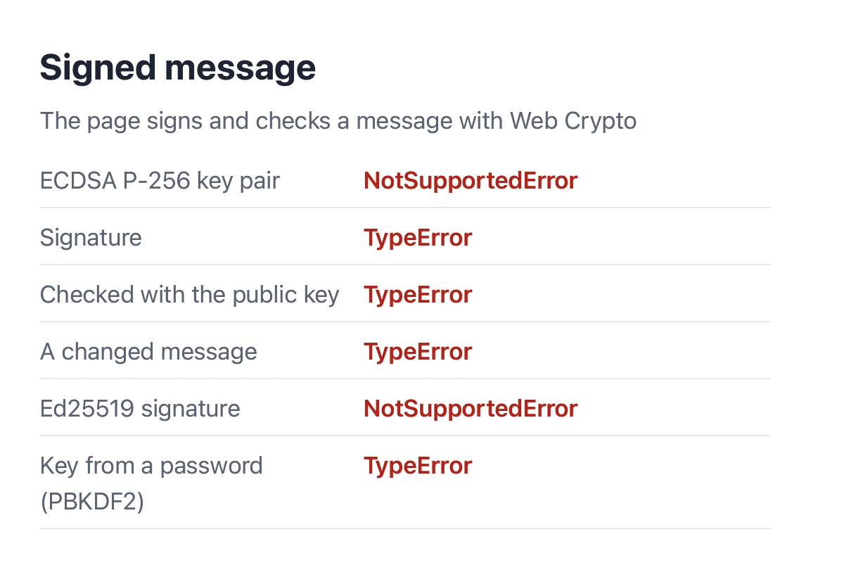 Before: a page signing a message and checking it with Web Crypto