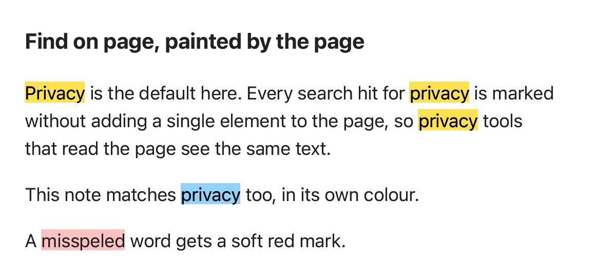 After: search hits and a spelling mark painted as highlights