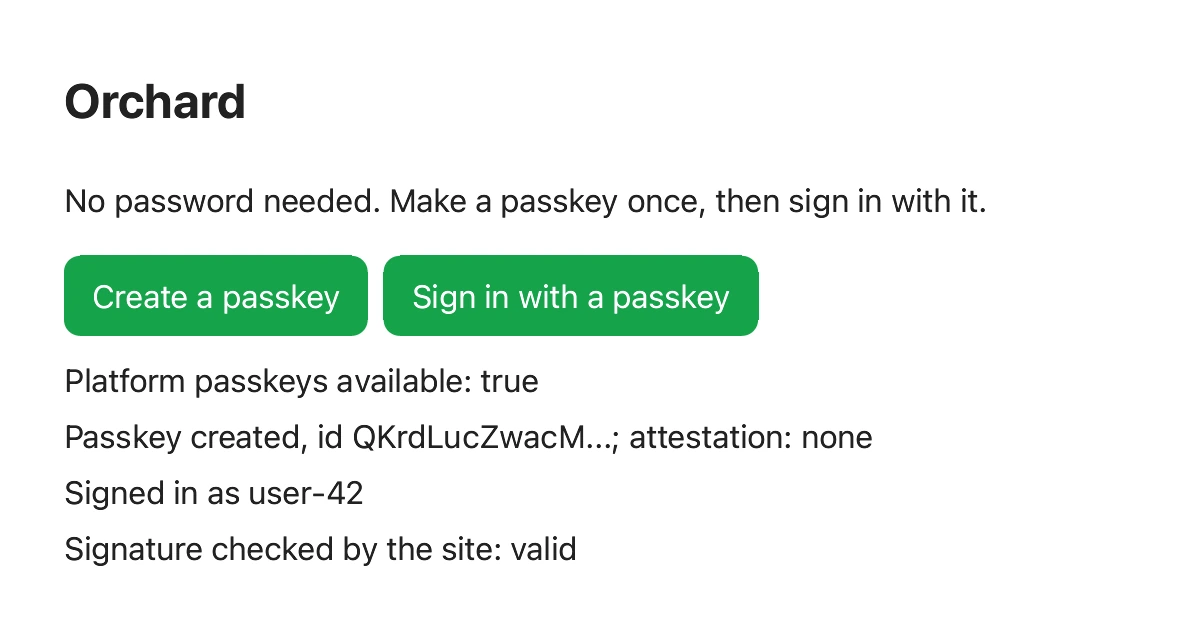 After: a site making a passkey and signing in with it, the signature checked by the site