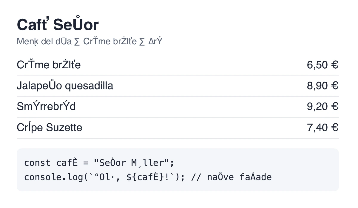 Before: a menu and a code block with accented letters