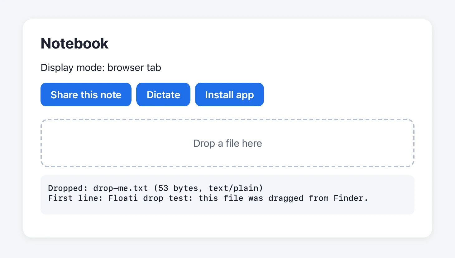 After: a text file dragged from Finder onto a page's drop zone